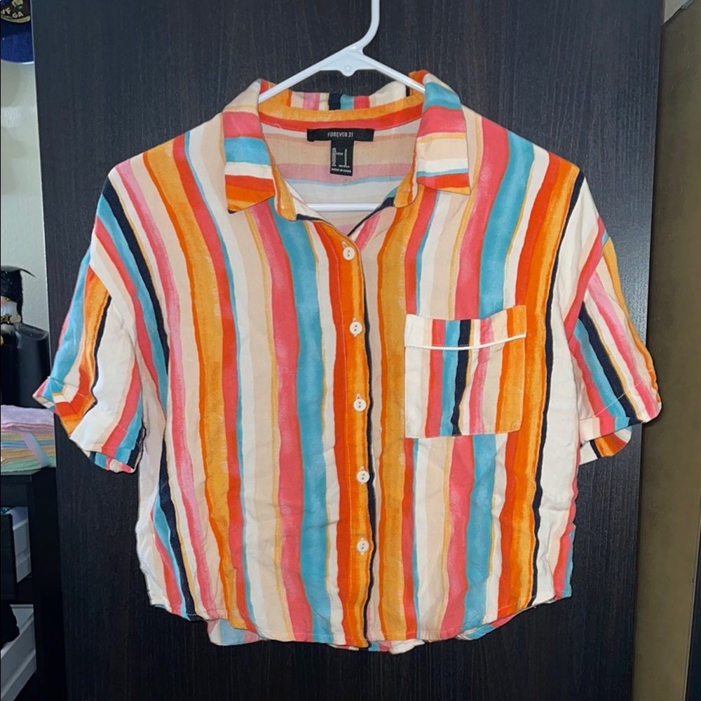 Forever 21 Orange and Blue Short Sleeve Crop Button Down